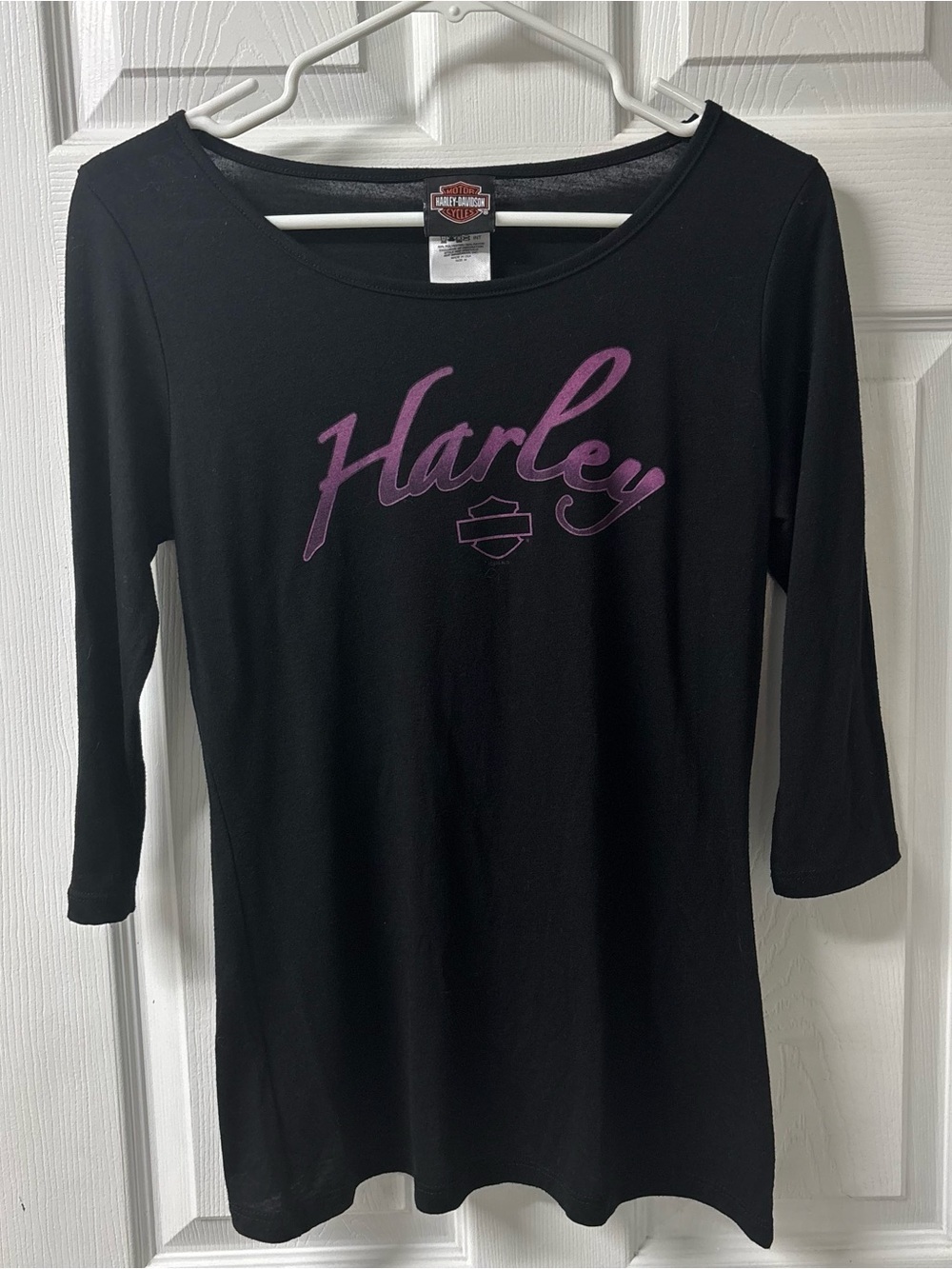 Harley-Davidson 3/4 Sleeve Graphic Tee Purple Script Logo Biker Motorcycle Top